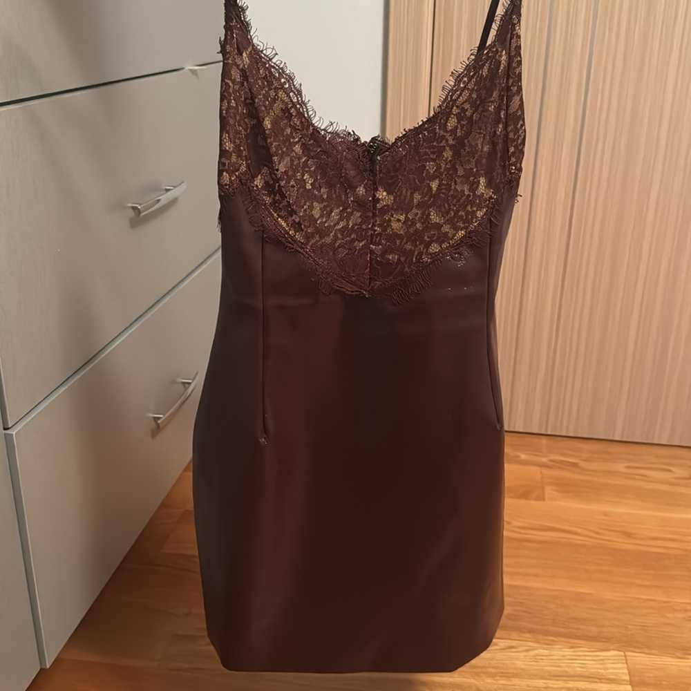 Miss circle Shelby Dark Brown Vegan Leather with Lace Mini Dress - Picture 3 of 4
